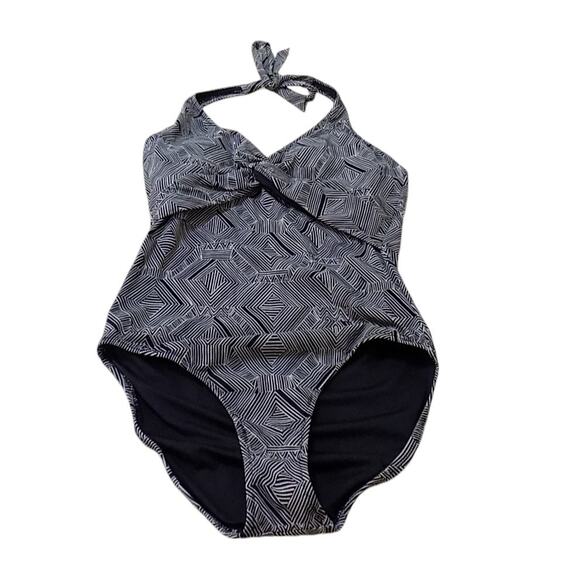 Garnet Hill One Piece Swimsuit Women 8 Black Tan Geometric Beach Vacation Summer - Picture 1 of 4